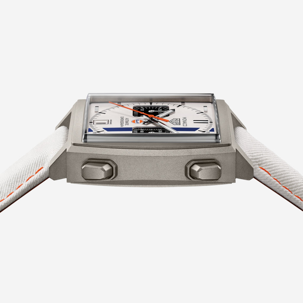 TAG Heuer Monaco Chronograph x Gulf, 39 mm, aço em bracelete de tecido