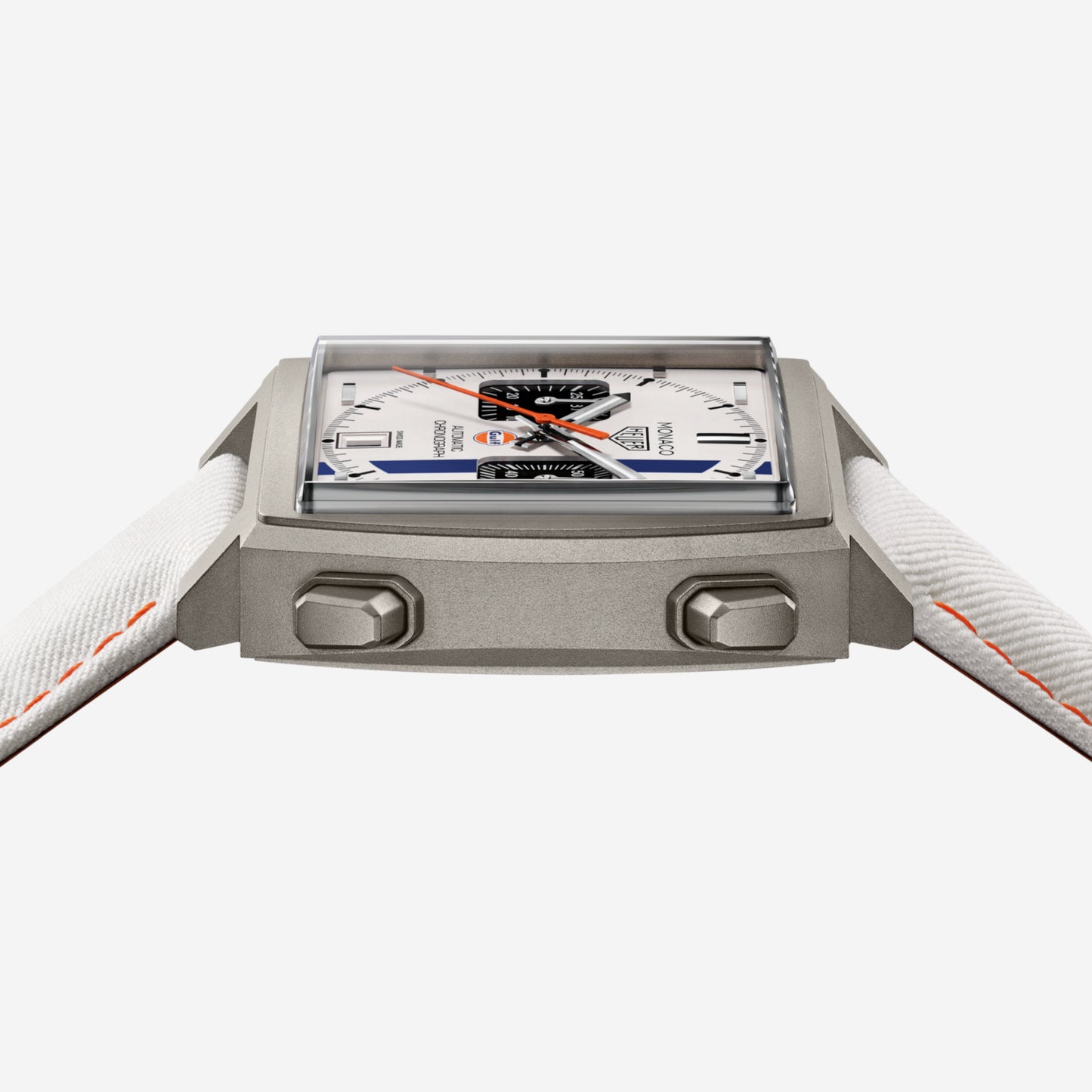 TAG Heuer Monaco Chronograph x Gulf 39mm aço com bracelete de tecido