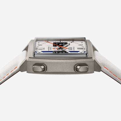 TAG Heuer Monaco Chronograph x Gulf 39mm aço com bracelete de tecido