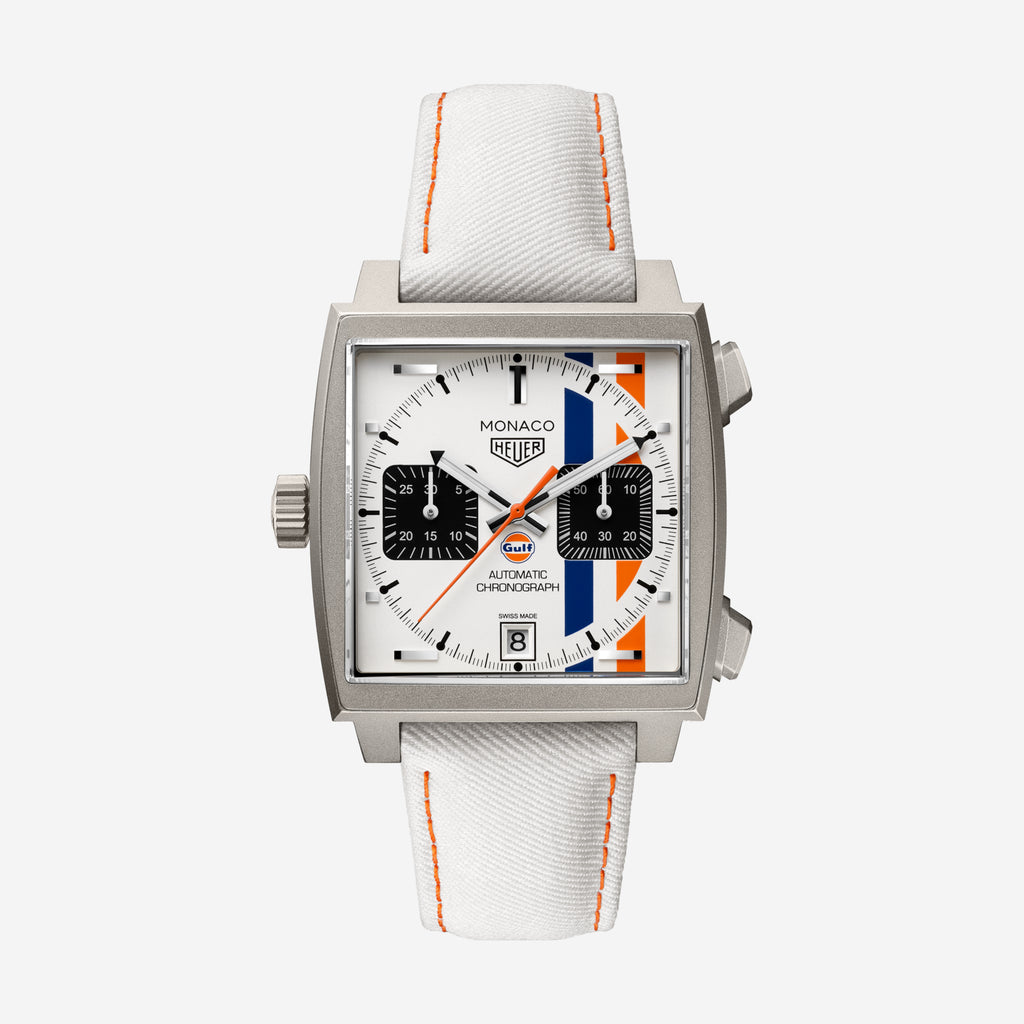 TAG Heuer Monaco Chronograph x Gulf, 39 mm, aço em bracelete de tecido