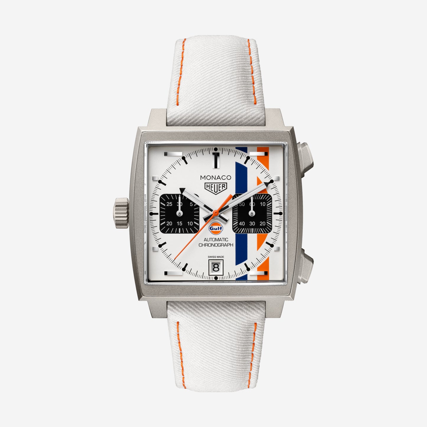 TAG Heuer Monaco Chronograph x Gulf 39mm aço com bracelete de tecido