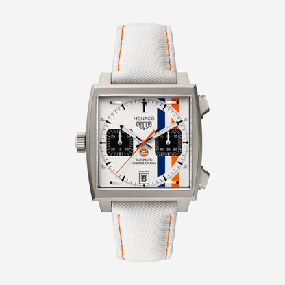 TAG Heuer Monaco Chronograph x Gulf 39mm aço com bracelete de tecido