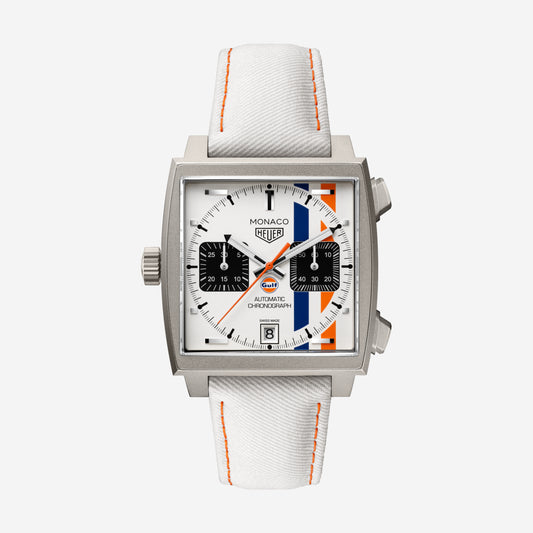 TAG Heuer Monaco Chronograph x Gulf 39mm aço com bracelete de tecido