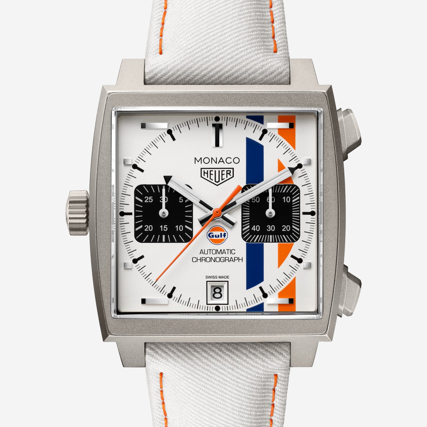 TAG Heuer Monaco Chronograph x Gulf 39mm aço com bracelete de tecido