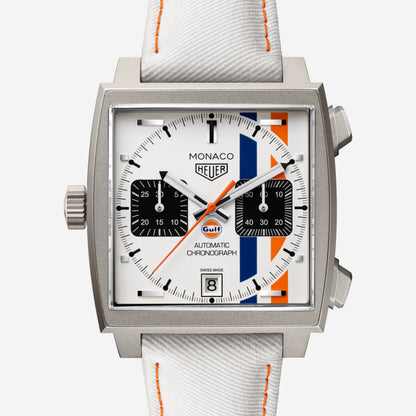 TAG Heuer Monaco Chronograph x Gulf 39mm aço com bracelete de tecido