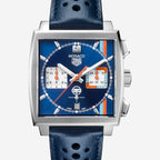 TAG Heuer Monaco Chronograph x Gulf, 39 mm, aço em bracelete de couro