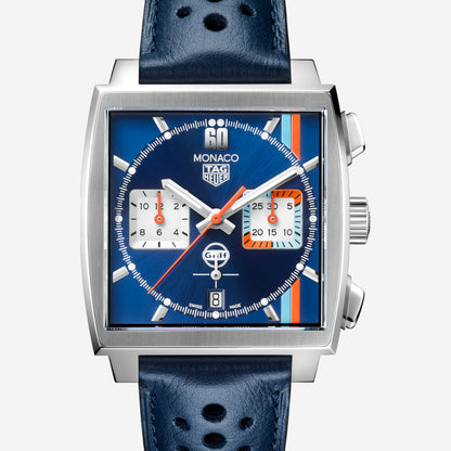 TAG Heuer Monaco Chronograph x Gulf 39mm aço com bracelete de couro