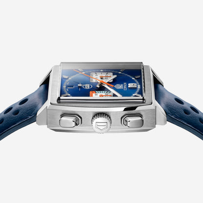 TAG Heuer Monaco Chronograph x Gulf 39mm aço com bracelete de couro