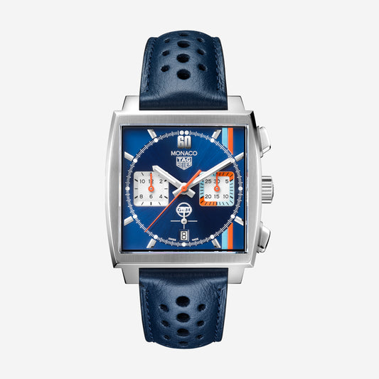 TAG Heuer Monaco Chronograph x Gulf 39mm aço com bracelete de couro
