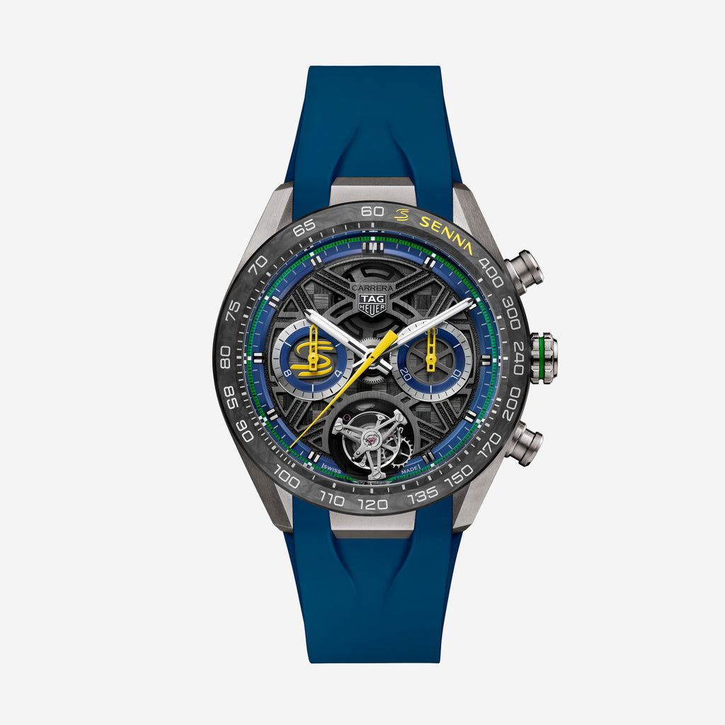 TAG Heuer Carrera Chronograph Tourbillon x Senna, 44 mm, aço em bracelete de borracha