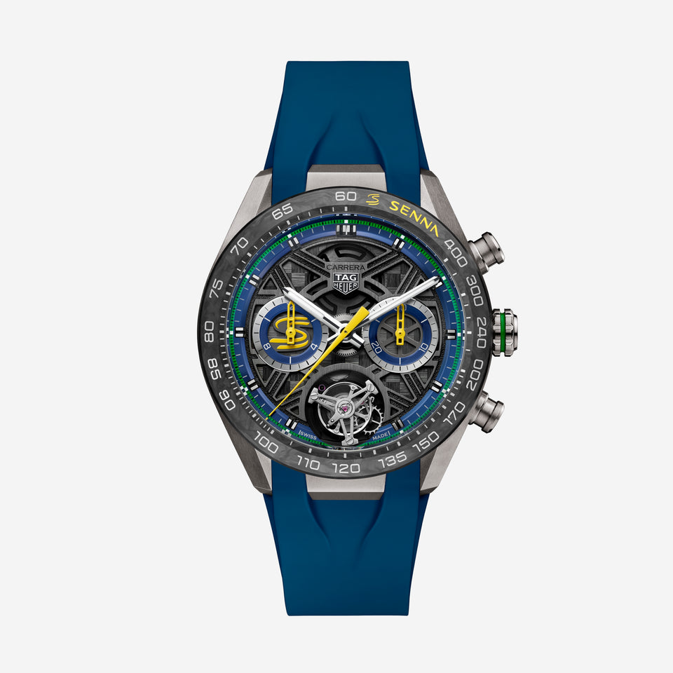TAG Heuer Carrera Chronograph Tourbillon x Senna, 44 mm, aço em bracelete de borracha