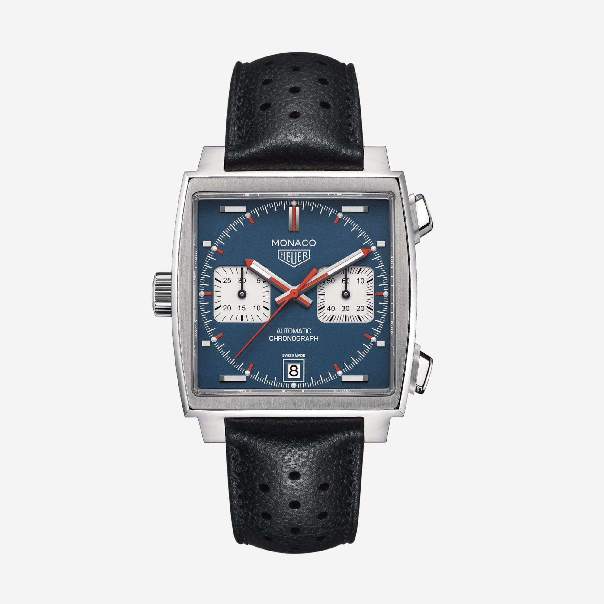 TAG Heuer Monaco Chronograph, 39 mm, aço em bracelete de couro