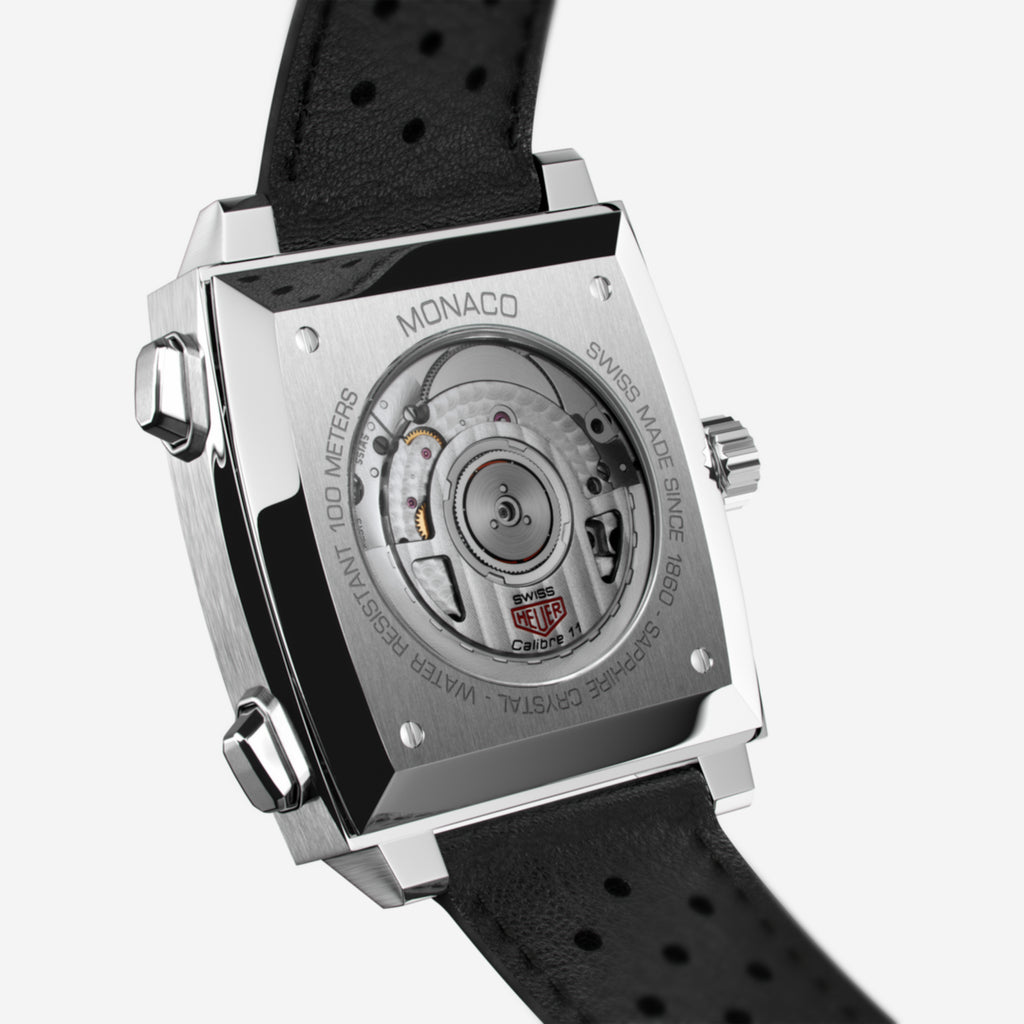 TAG Heuer Monaco Chronograph, 39 mm, aço em bracelete de couro