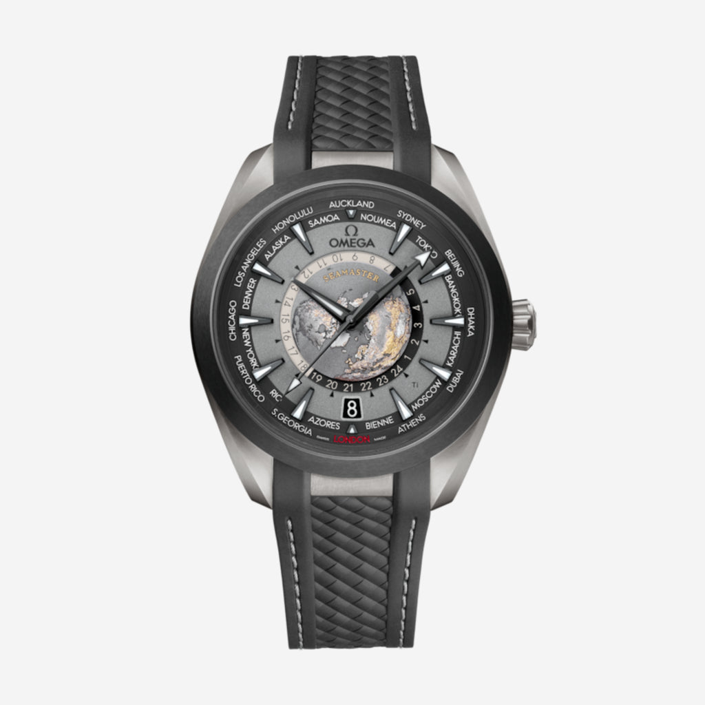Seamaster Aqua Terra Worldtimer, 43 mm, aço em bracelete de borracha