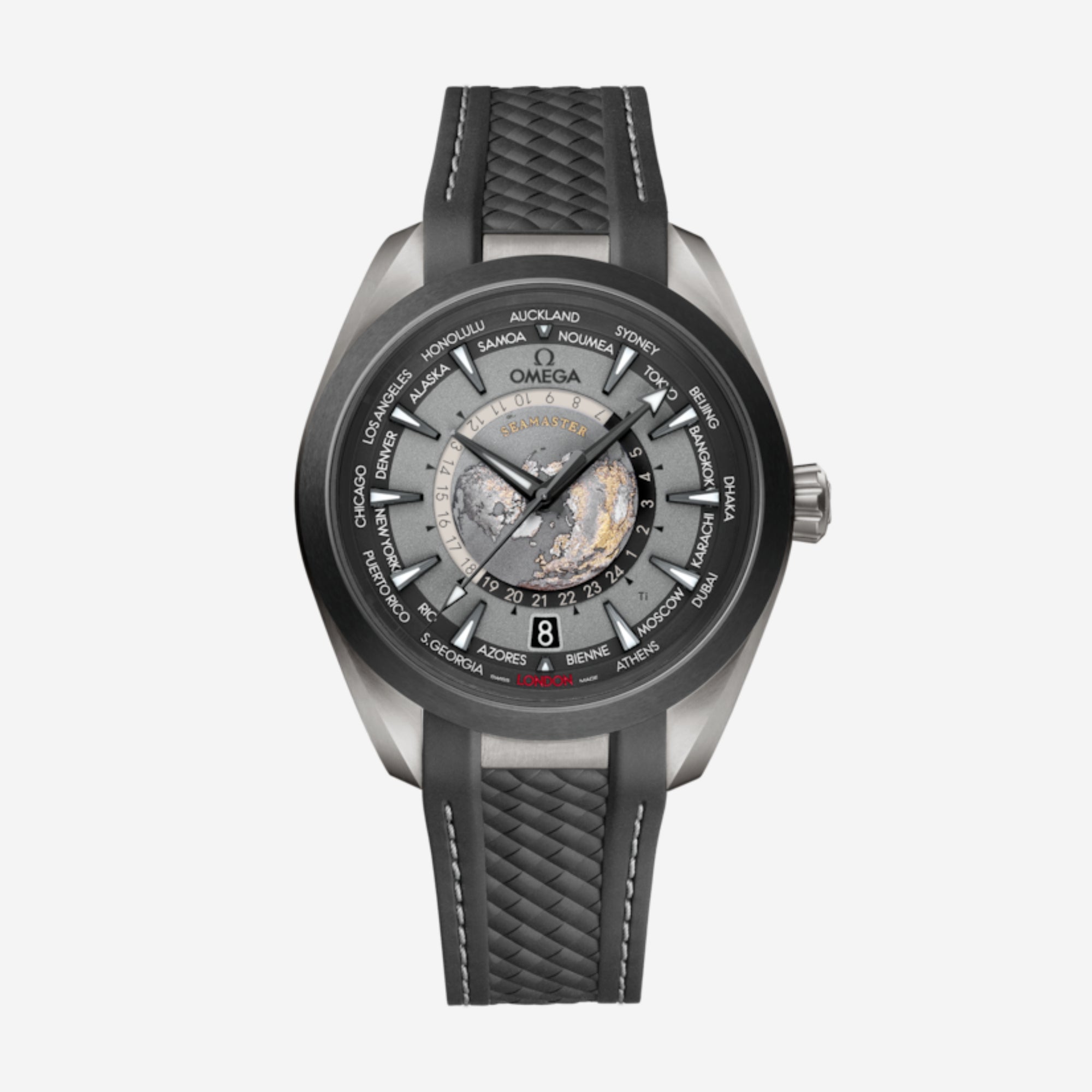 Seamaster Aqua Terra Worldtimer, 43 mm, aço em bracelete de borracha