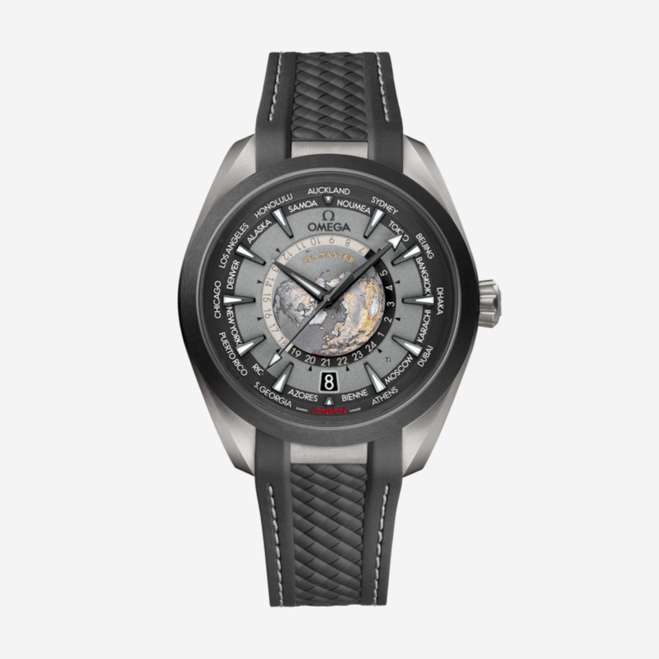 Seamaster Aqua Terra Worldtimer, 43 mm, aço em bracelete de borracha