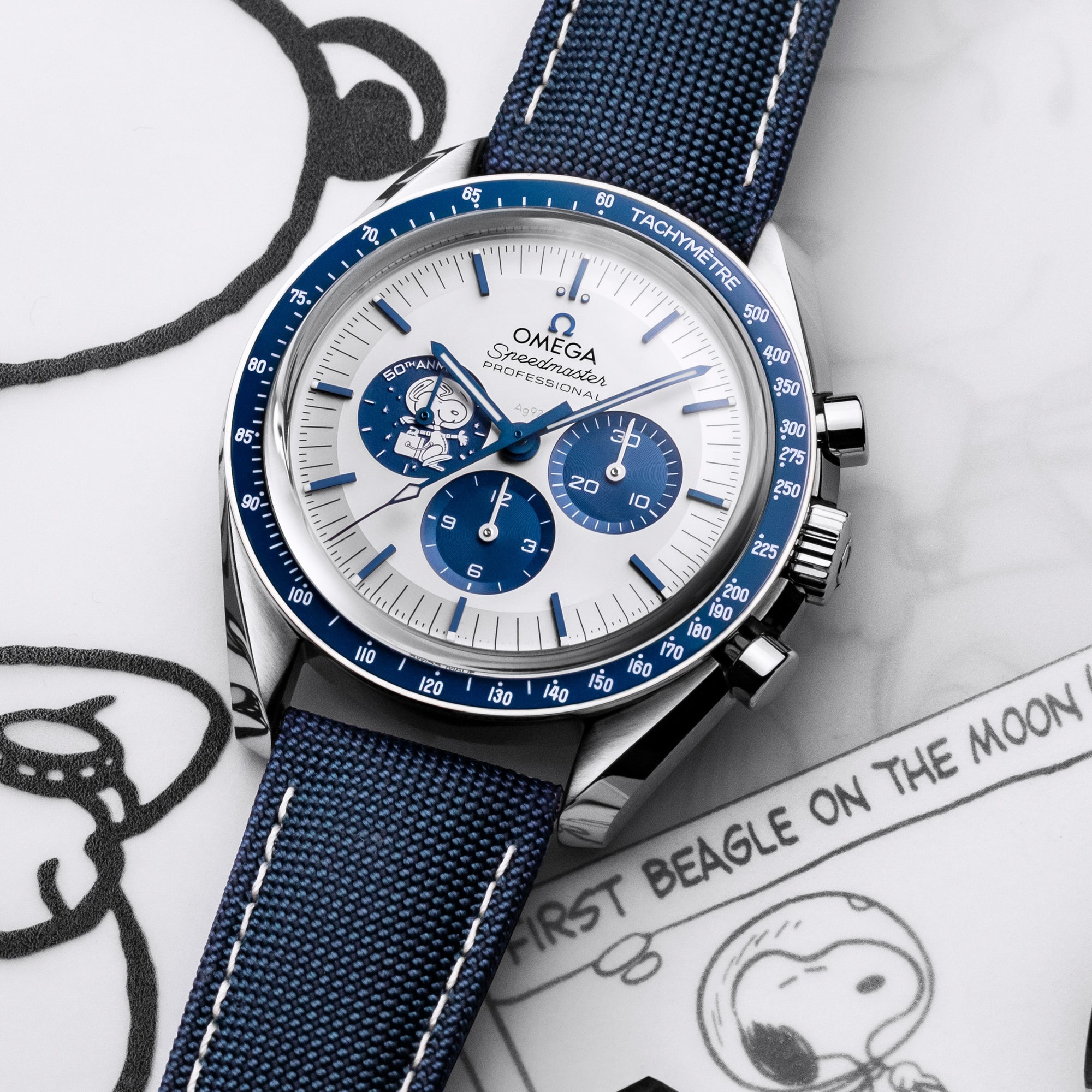Speedmaster Série de aniversário, 42 mm, aço em bracelete de nylon