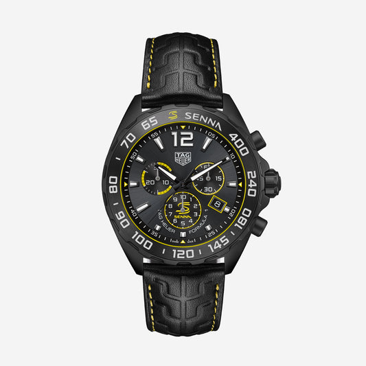 TAG Heuer Formula 1 Chronograph Black x Senna 43mm aço com bracelete de couro