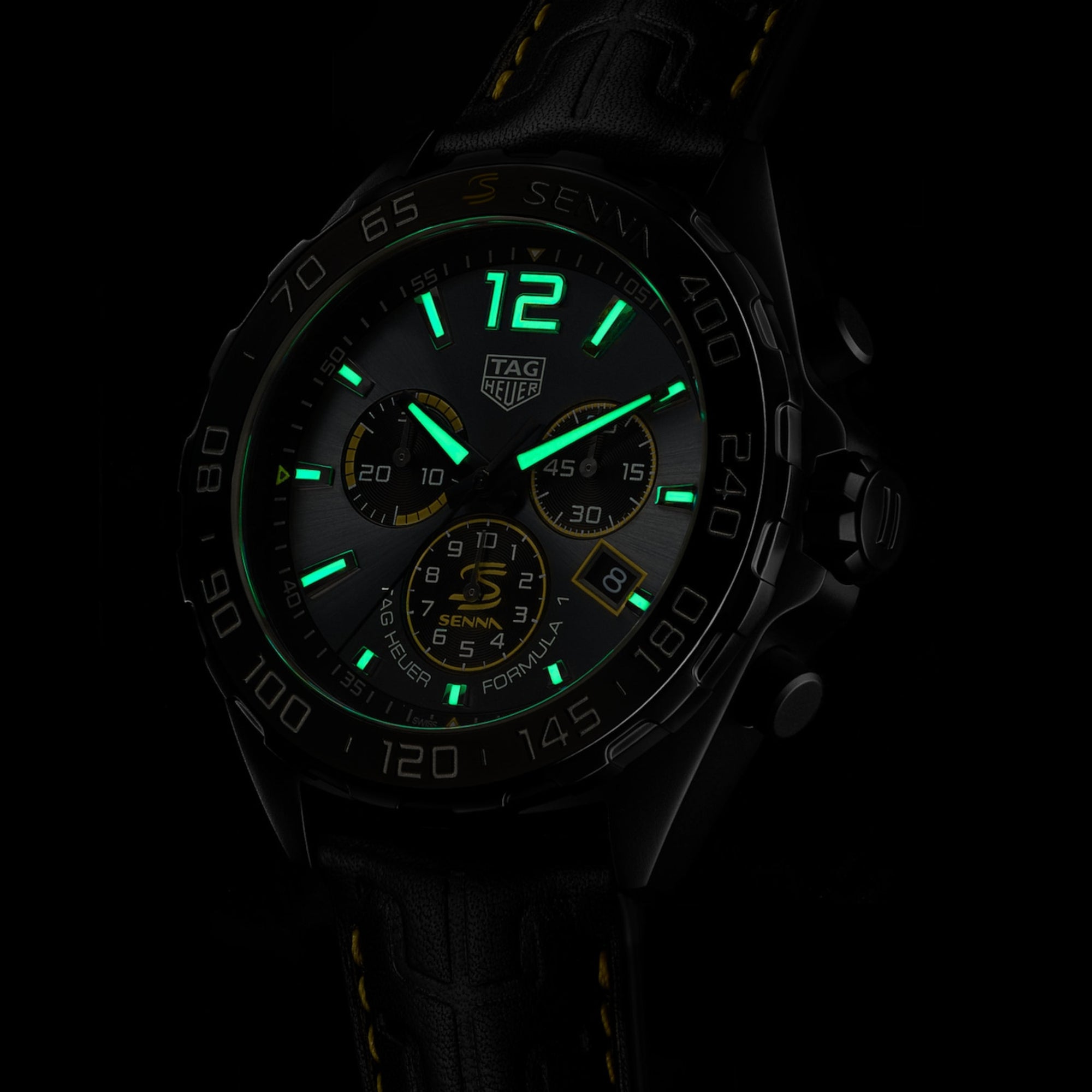 TAG Heuer Formula 1 Chronograph Black x Senna, 43 mm, aço em bracelete de couro