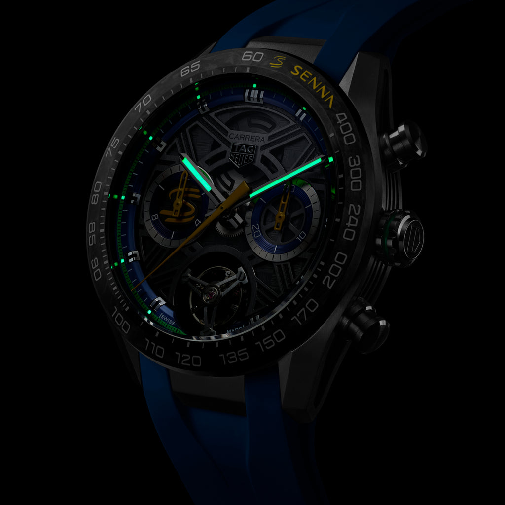 TAG Heuer Carrera Chronograph Tourbillon x Senna, 44 mm, aço em bracelete de borracha