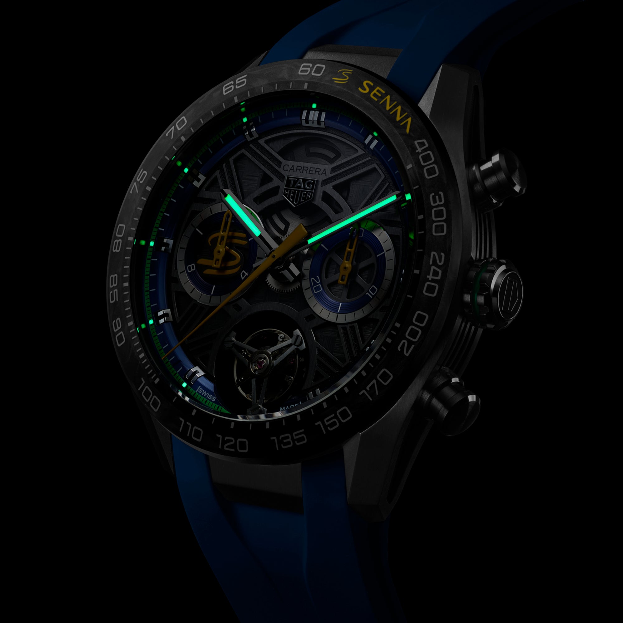 TAG Heuer Carrera Chronograph Tourbillon x Senna, 44 mm, aço em bracelete de borracha