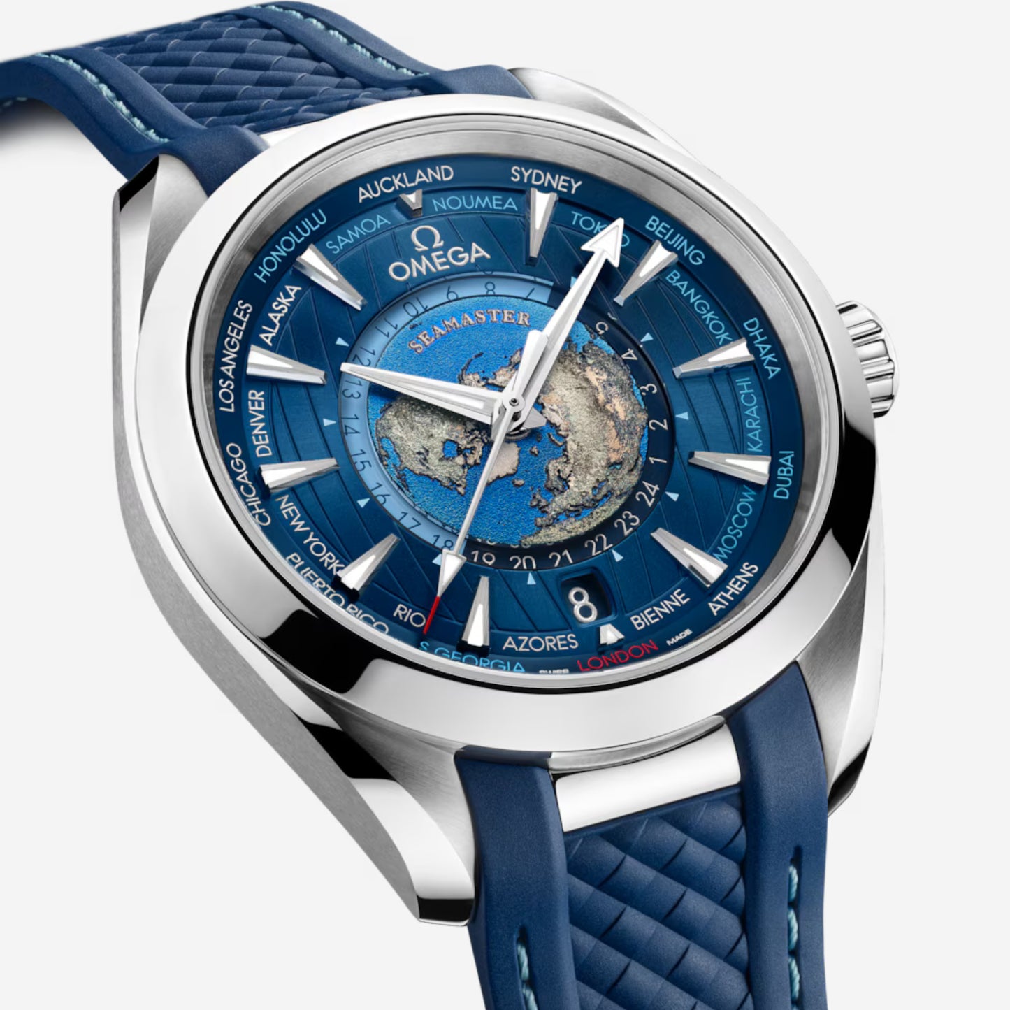 Seamaster Aqua Terra Worldtimer 150M Tokyo 43mm aço com bracelete de borracha