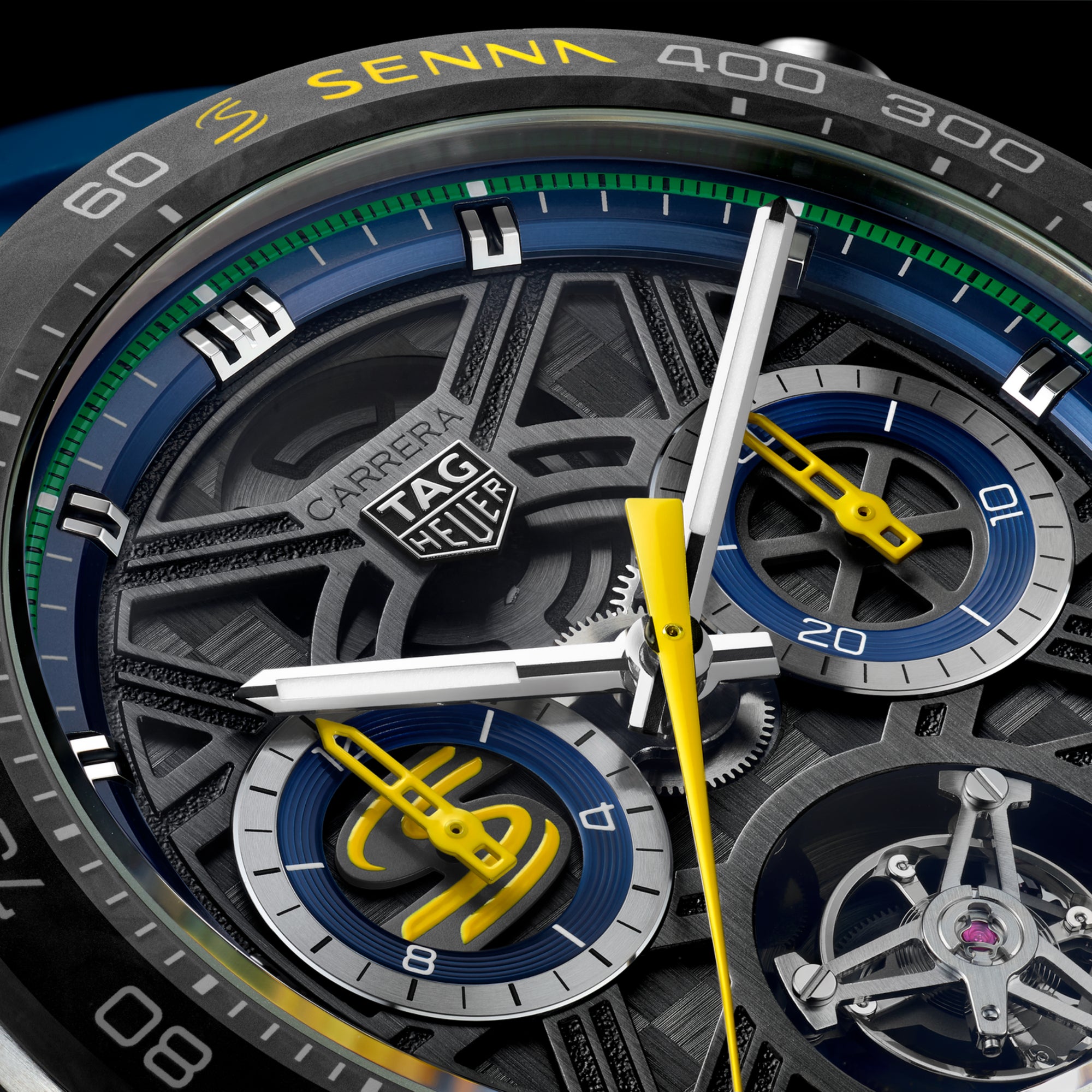 TAG Heuer Carrera Chronograph Tourbillon x Senna, 44 mm, aço em bracelete de borracha