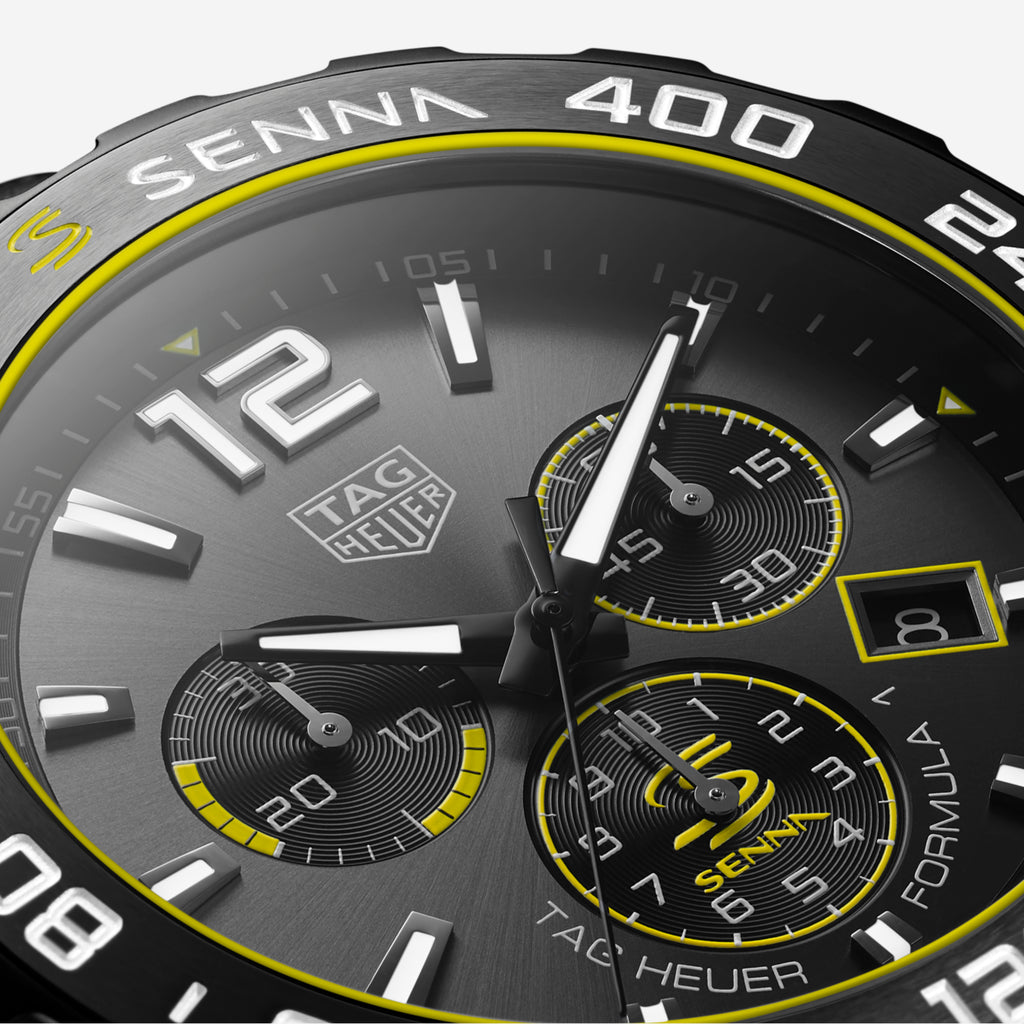 TAG Heuer Formula 1 Chronograph Black x Senna, 43 mm, aço em bracelete de couro